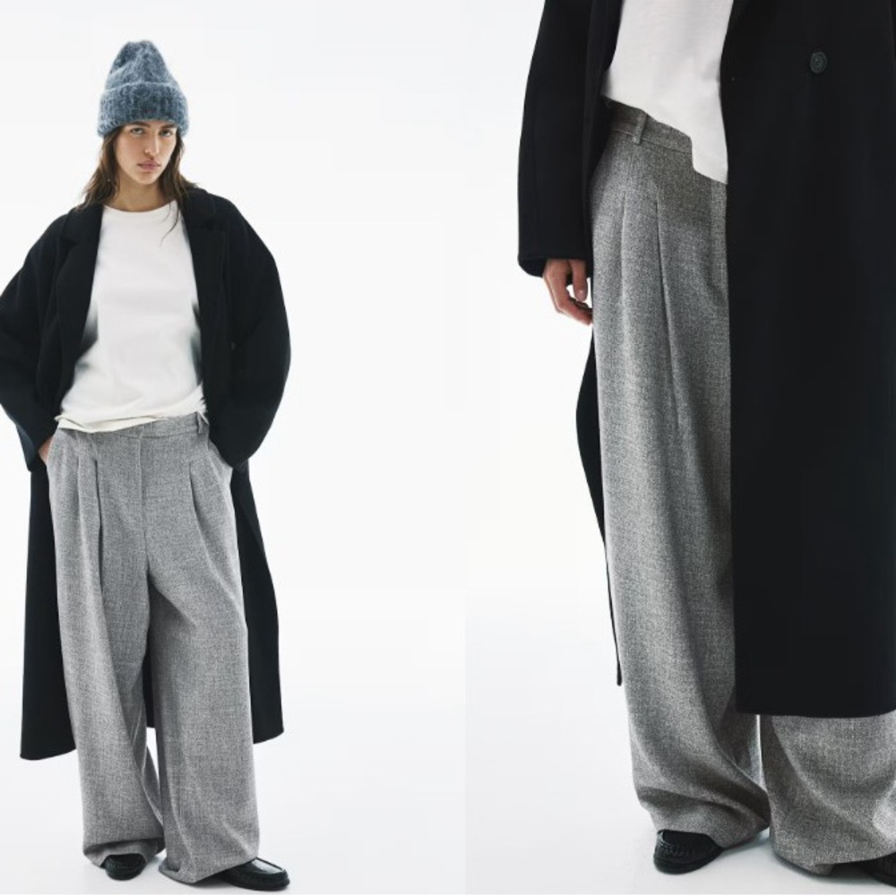H&M Gray Tweed Double Pleated Wide Leg Trousers
